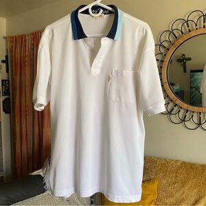 Vintage Preppy Japanese White Blue Polo Shirt Short Sleeve Size Large